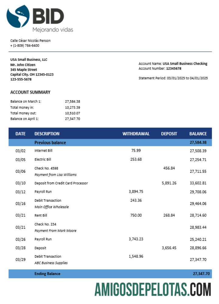 Em branco Extrato de conta comercial BID modelo Word e PDF
